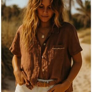 Vintage Hot Cotton Marc Ware Linen Brown Short Sleeve Blouse Wood Buttons Sz M